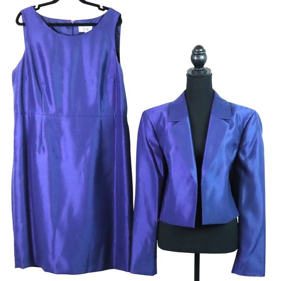 Le Suit Blue Dress and Jacket Suit SET Satin Shiny Plus 18 Quiet Luxury Classic - Picture 1 of 8